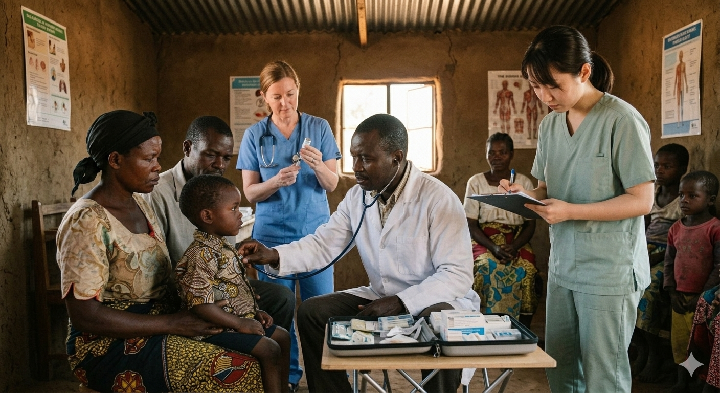 Multicultural healthcare team providing healthcare to a sick child inside a rural village clinic hut.